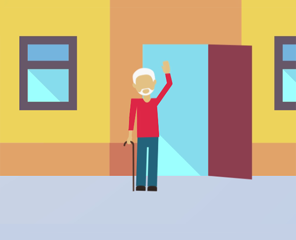 2D character animation white haired beared man with walking stick, waving from a doorway