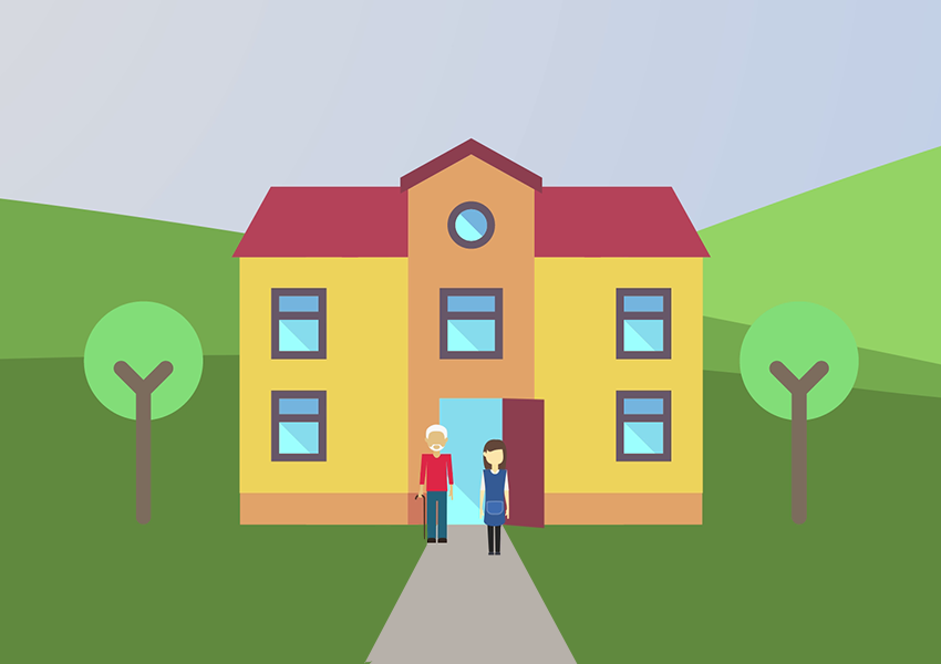2D character animation older man and carer at entrance to a care home building