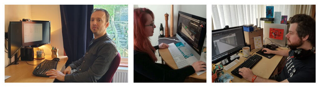 Bill, Lauren and Rob working on animations from their homes