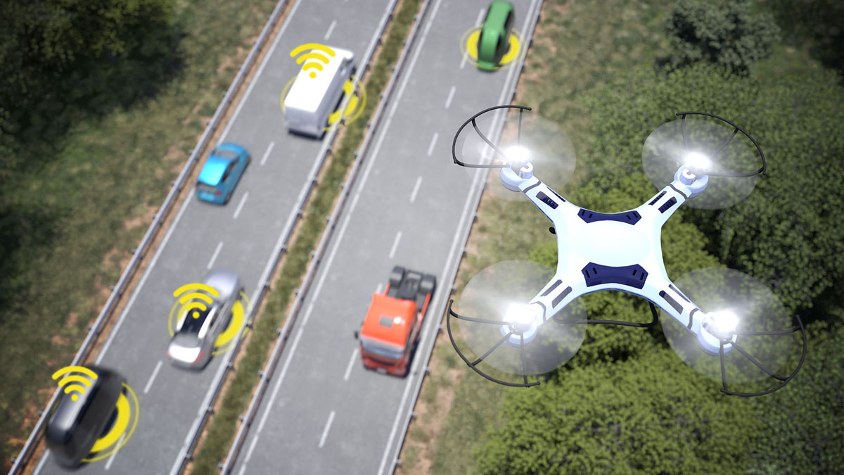 3D animation of a Drone flying above a busy dual carriageway.