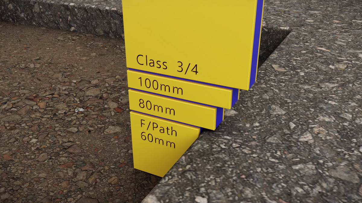 3D animation showing the reinstatement gauge manufactured by Engineering Plastics measuring the depth to refill and excavation in a footpath