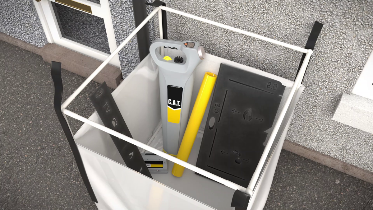 3D animation showing the products manufactured by Engineering Plastics in a site tidy container for streetwork excavations