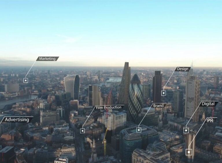 City skyline with labels showing the location of different types of agencies