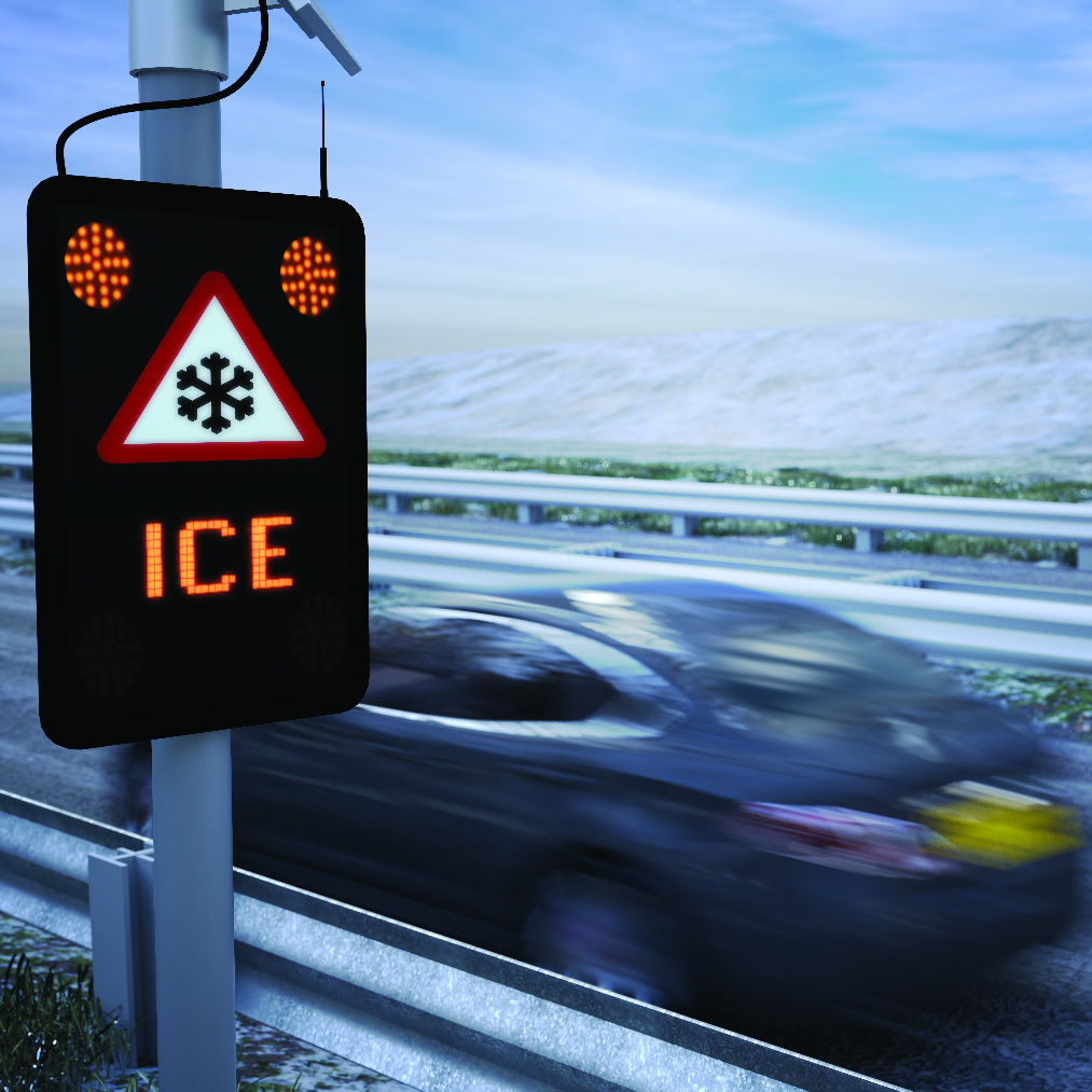 Realistic 3D Animation of a car driving very fast past an electronic ice warning sign on a motorway