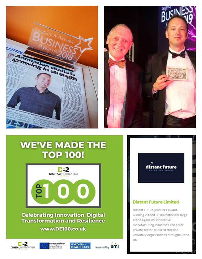 Business awards won by Distant Future. 2018 and 2019 Keighley & Airedale business award, 2019 Digital Enterprise Top 100 list