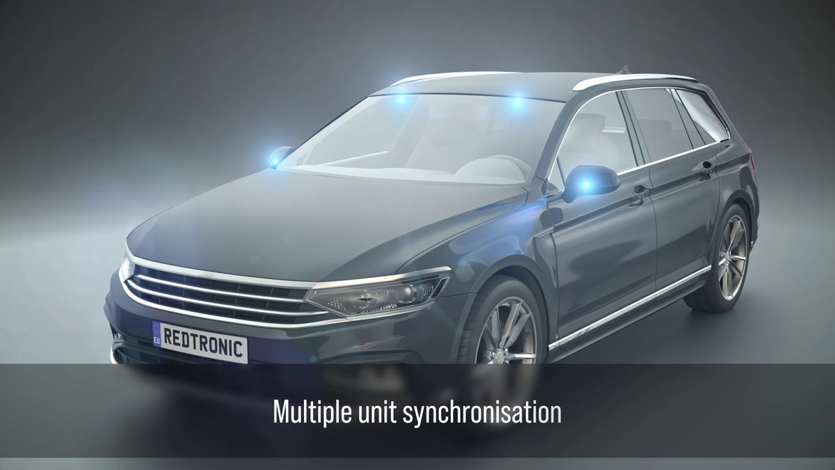 Realistic 3D Animation showing placement of the Redtronic flashing blue warning lights on a car.
