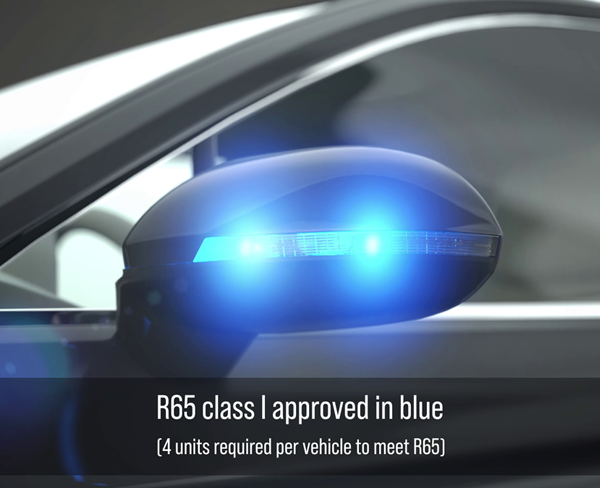 Realistic 3D Animation of blue emergency services flashing lights built into a car wing mirror