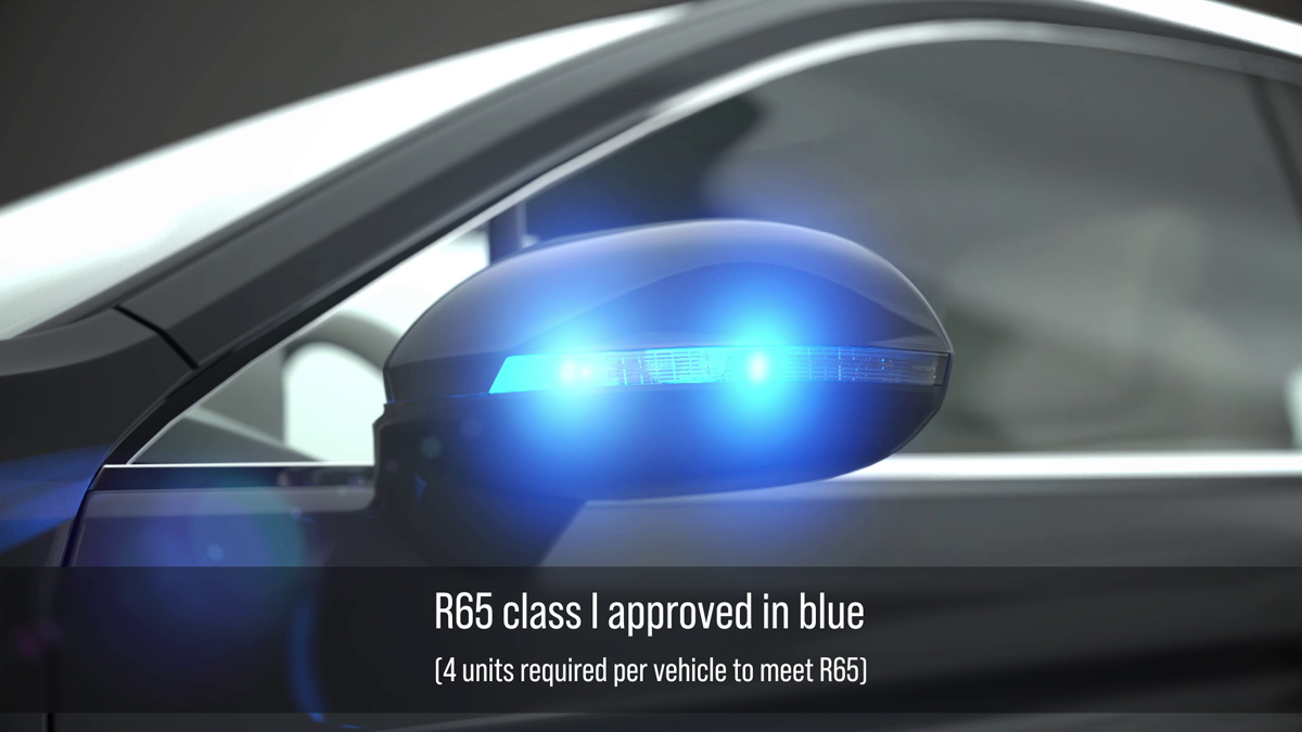 Realistic 3D Animation of blue emergency services flashing lights built into a car wing mirror