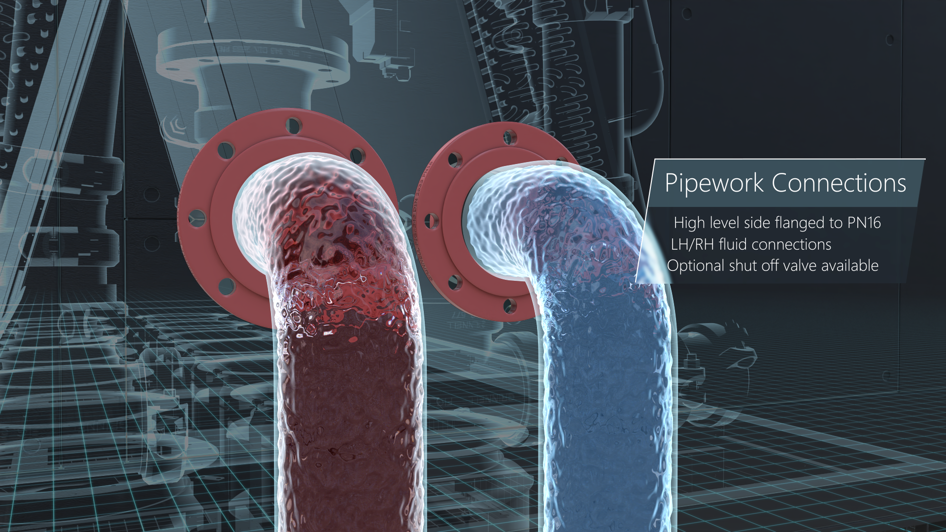 High level side flanged to PN16 LH/RH fluid connections Optional shut-off valve available