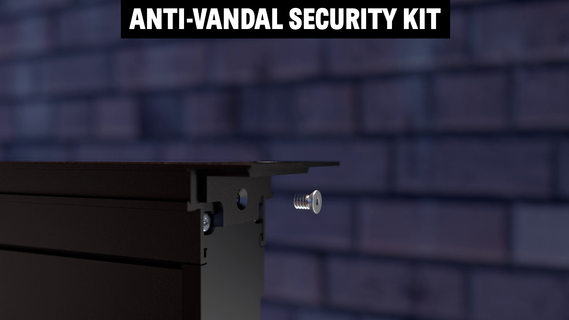 still frame from the 3D animated renders showing the anti-vandal security screws on BLADE products, from acdc Lighting