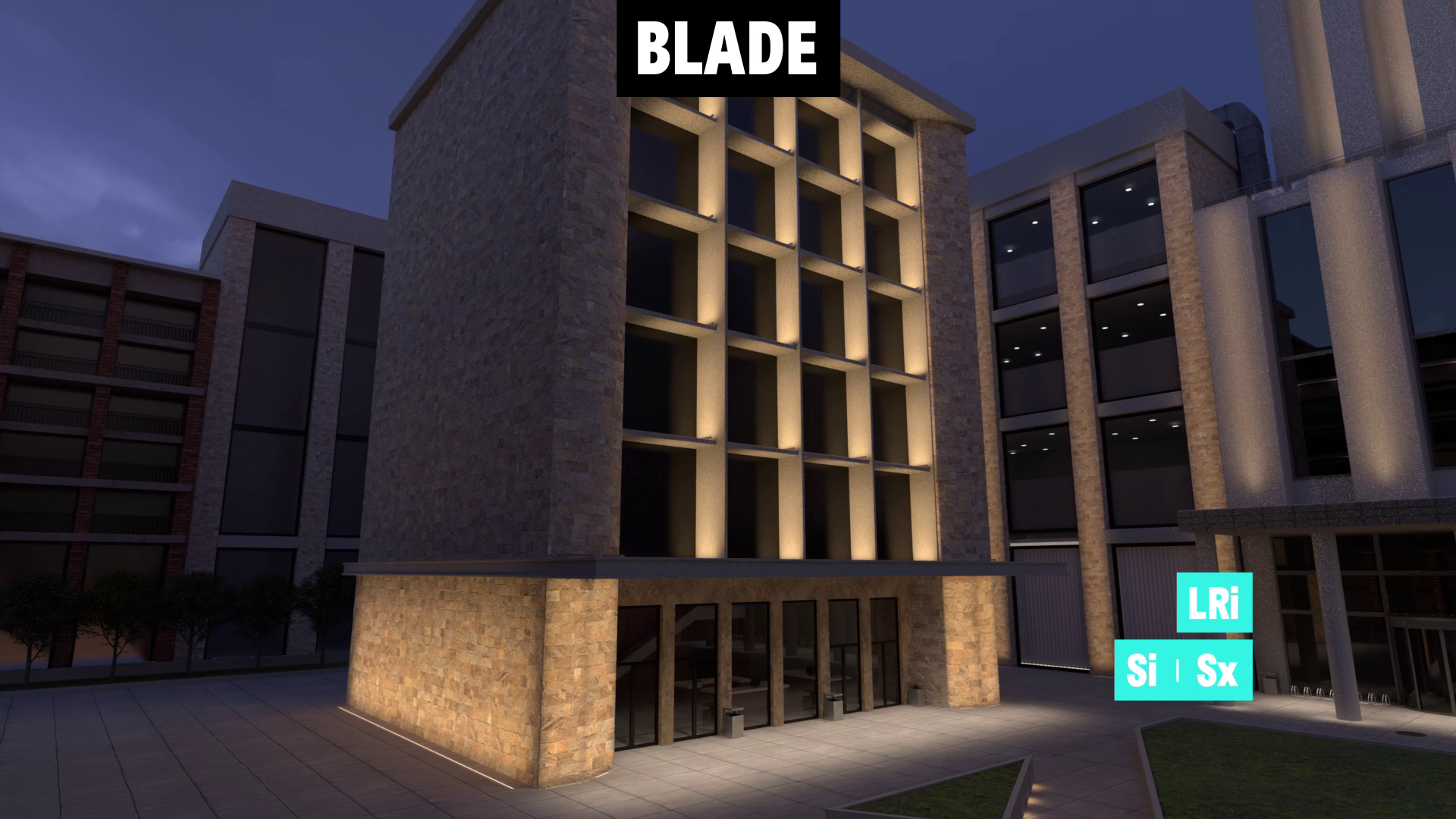 3D rendered image of a building lit with BLADE luminaires from acdc Lighting