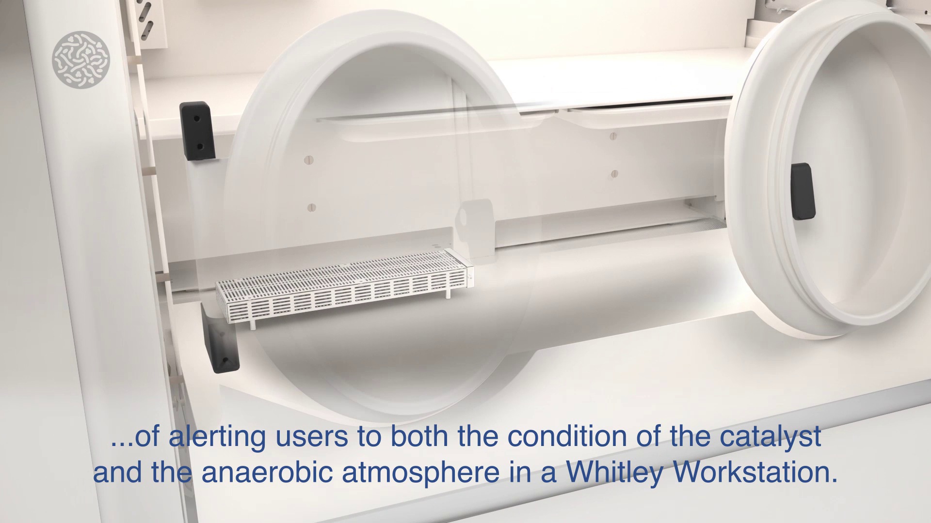 Cut-away 3D product visualisation of the catalyst monitoring workstation from Don Whitley Scientific, with subtitles matching the video voiceover