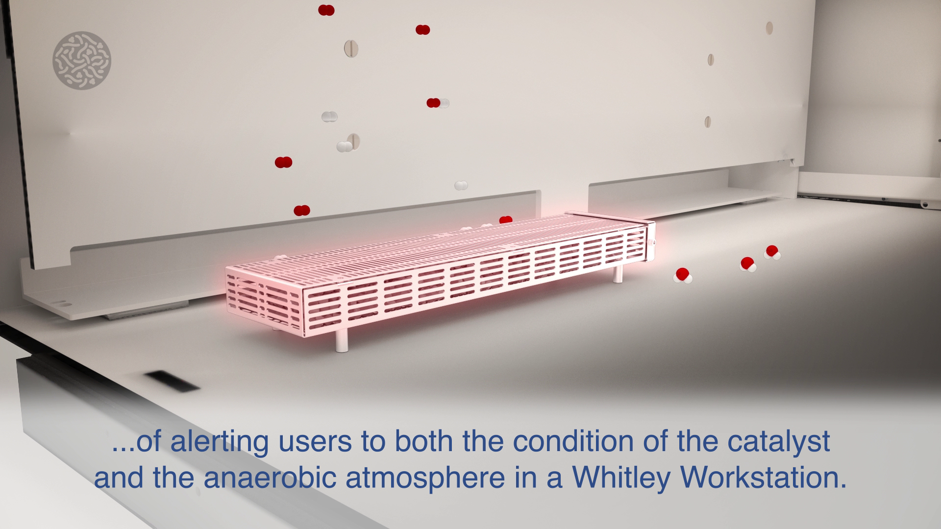 Interior 3D visualisation of the catalyst monitoring workstation from Don Whitley Scientific, with subtitles matching the video voiceover