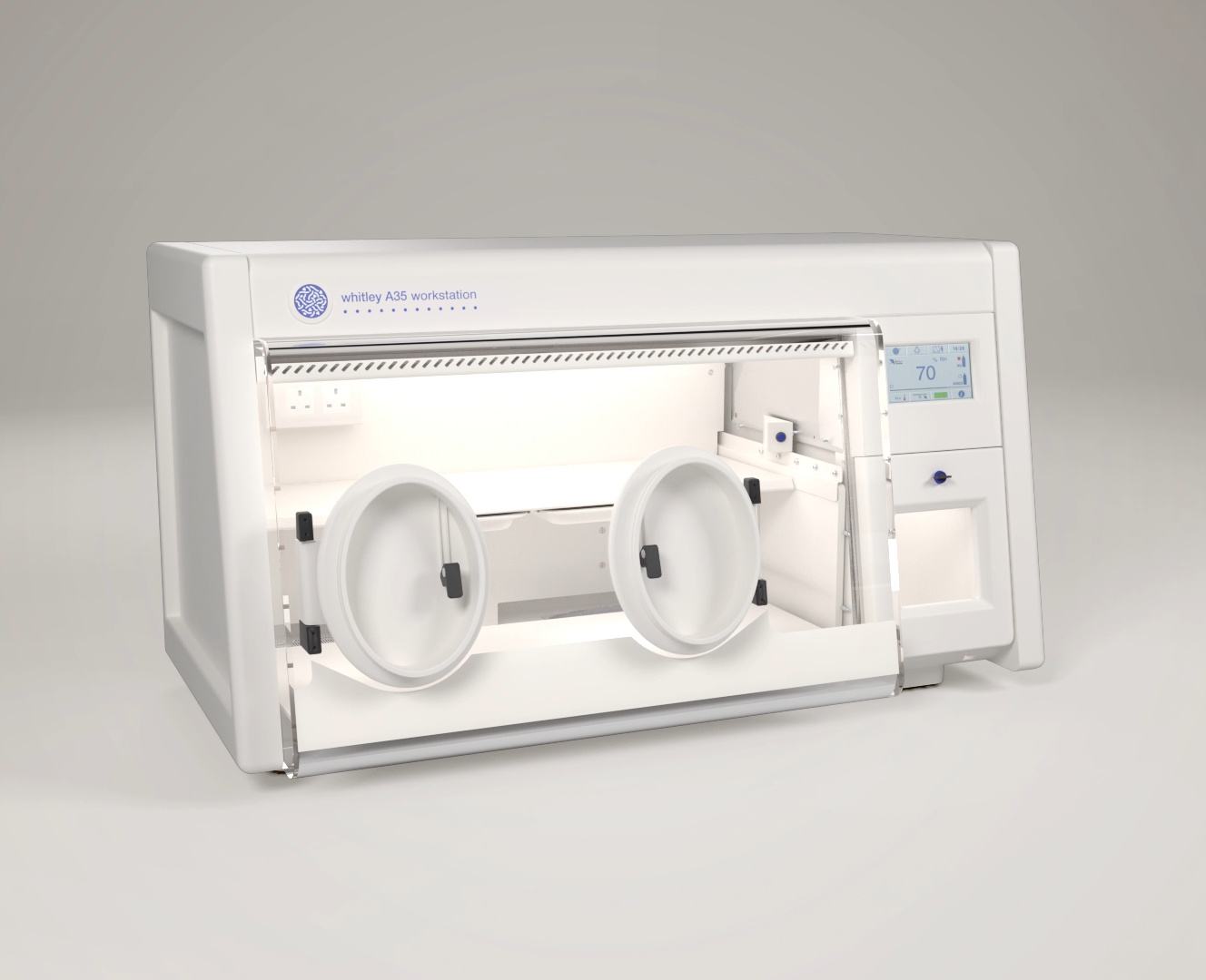 3D visualisation, viewed at an angle, of the catalyst monitoring workstation from Don Whitley Scientific, without subtitles