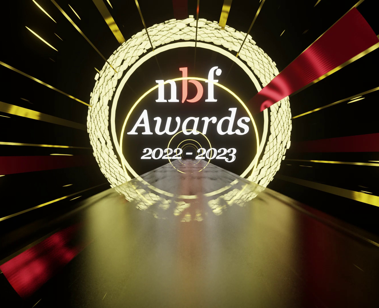graphical image displaying the text: "NBF Awards 2022-2023" from the live intro animation for the awards event