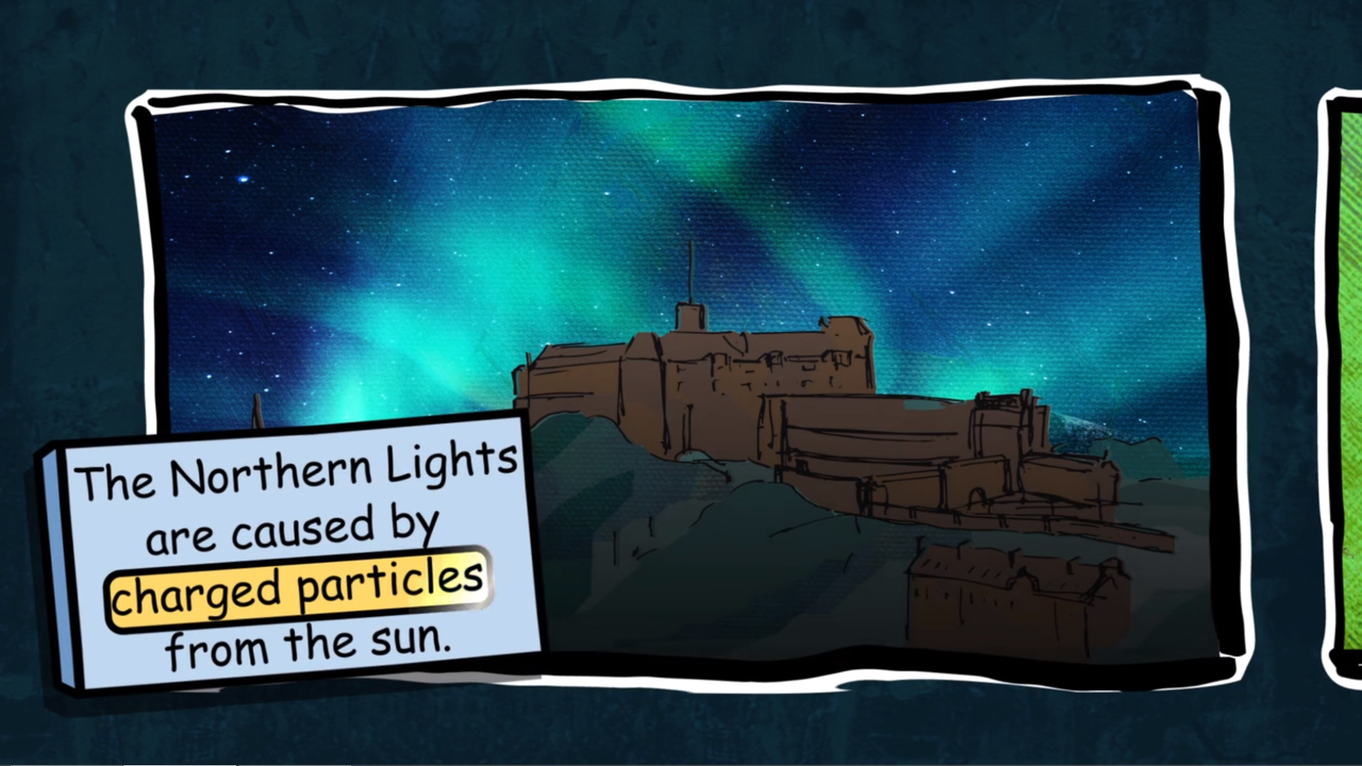 a panel from the comicbook-style animated video showing the Aurora Borealis, or Northern Lights