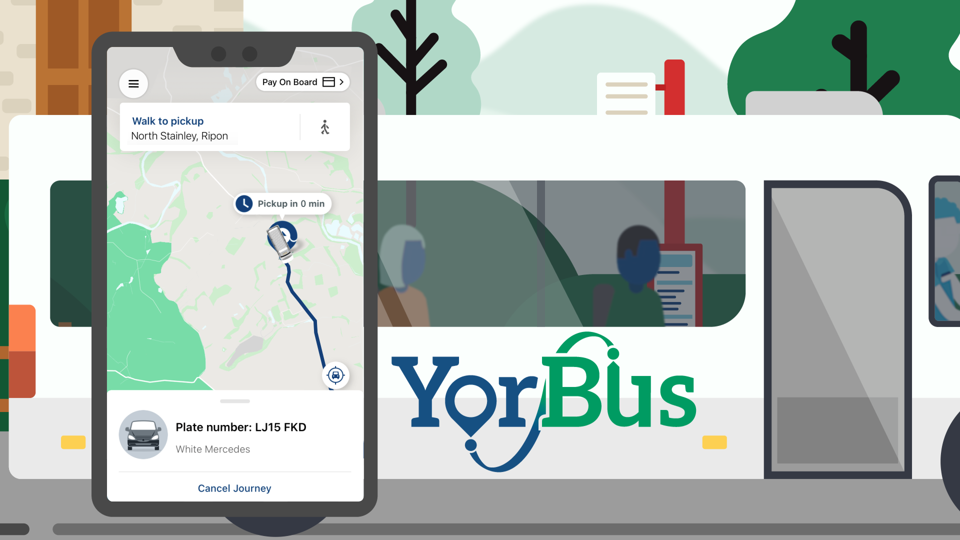 An image from the animation, showing the app for YorBus services running on a mobile device with a bus in the distance