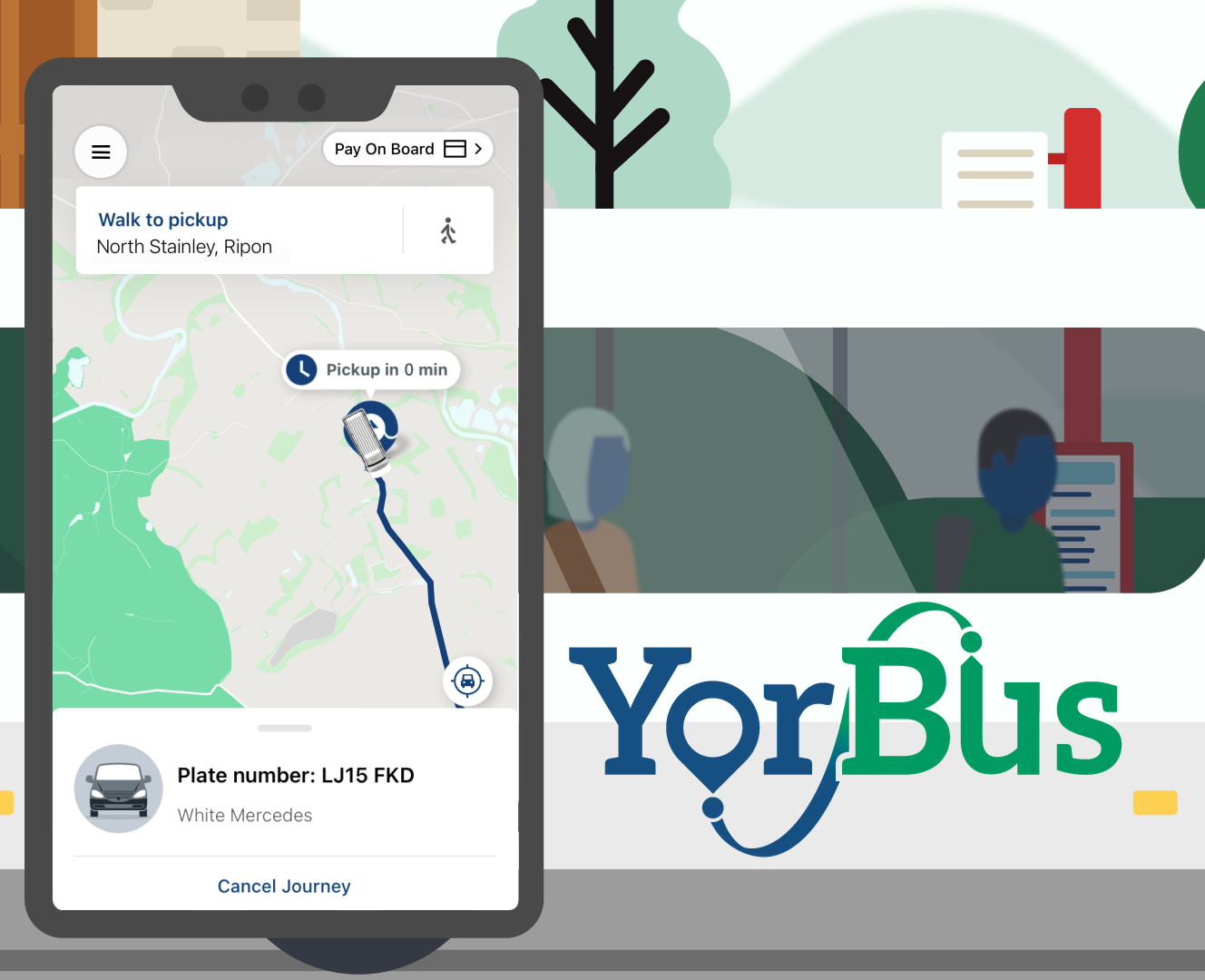 An image from the animation, showing the app for YorBus services running on a mobile device with a bus in the distance