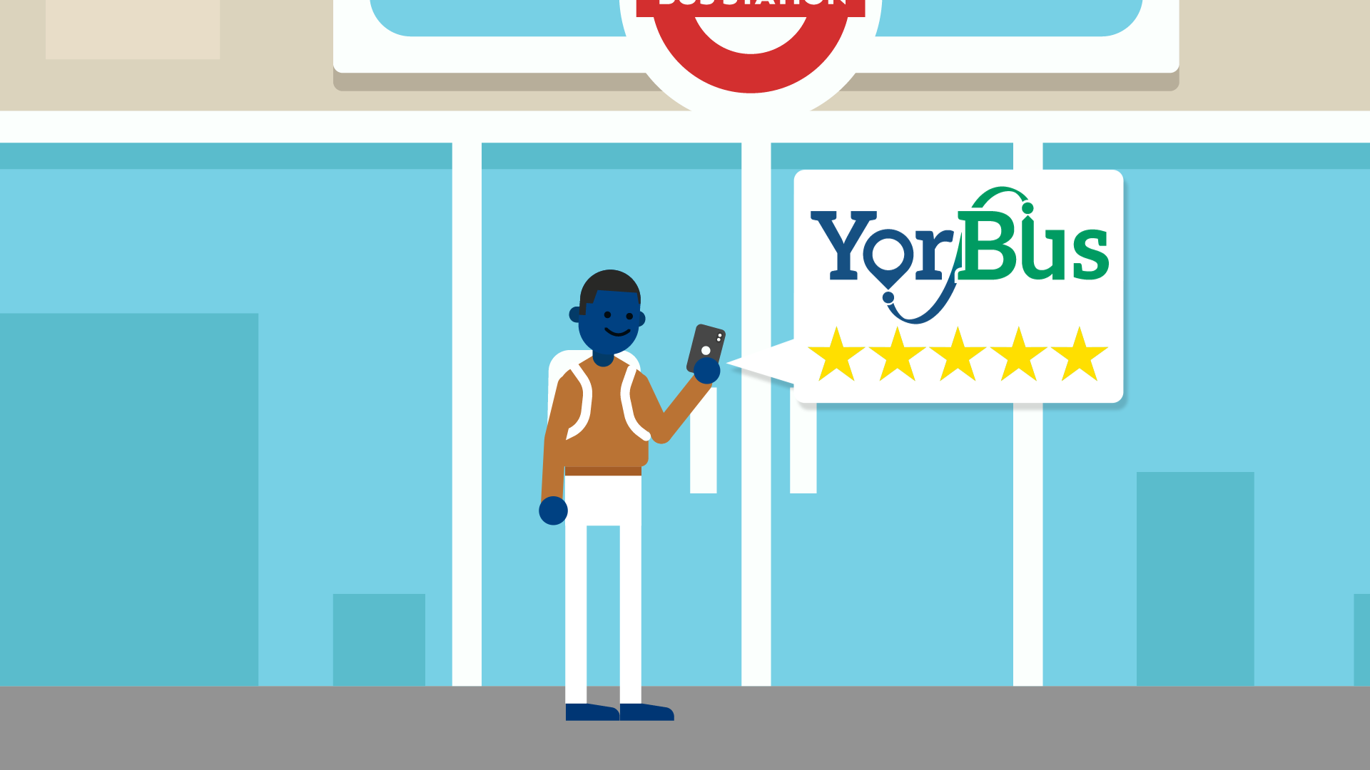 a still image from the animation showing a member of the public at a bus stop holding a mobile device, and showing a five-star rating for the services