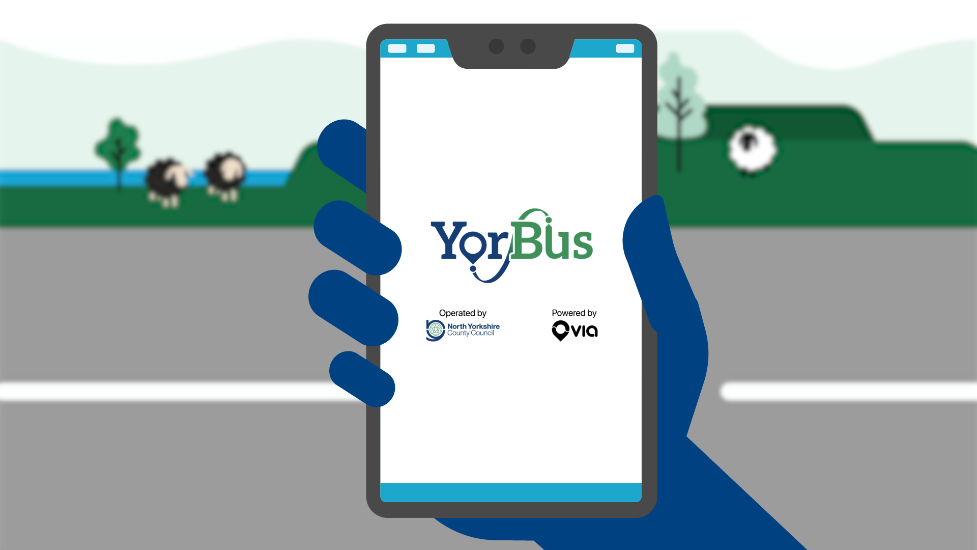 Still image from the animation showing the YorBus app running on a handheld device