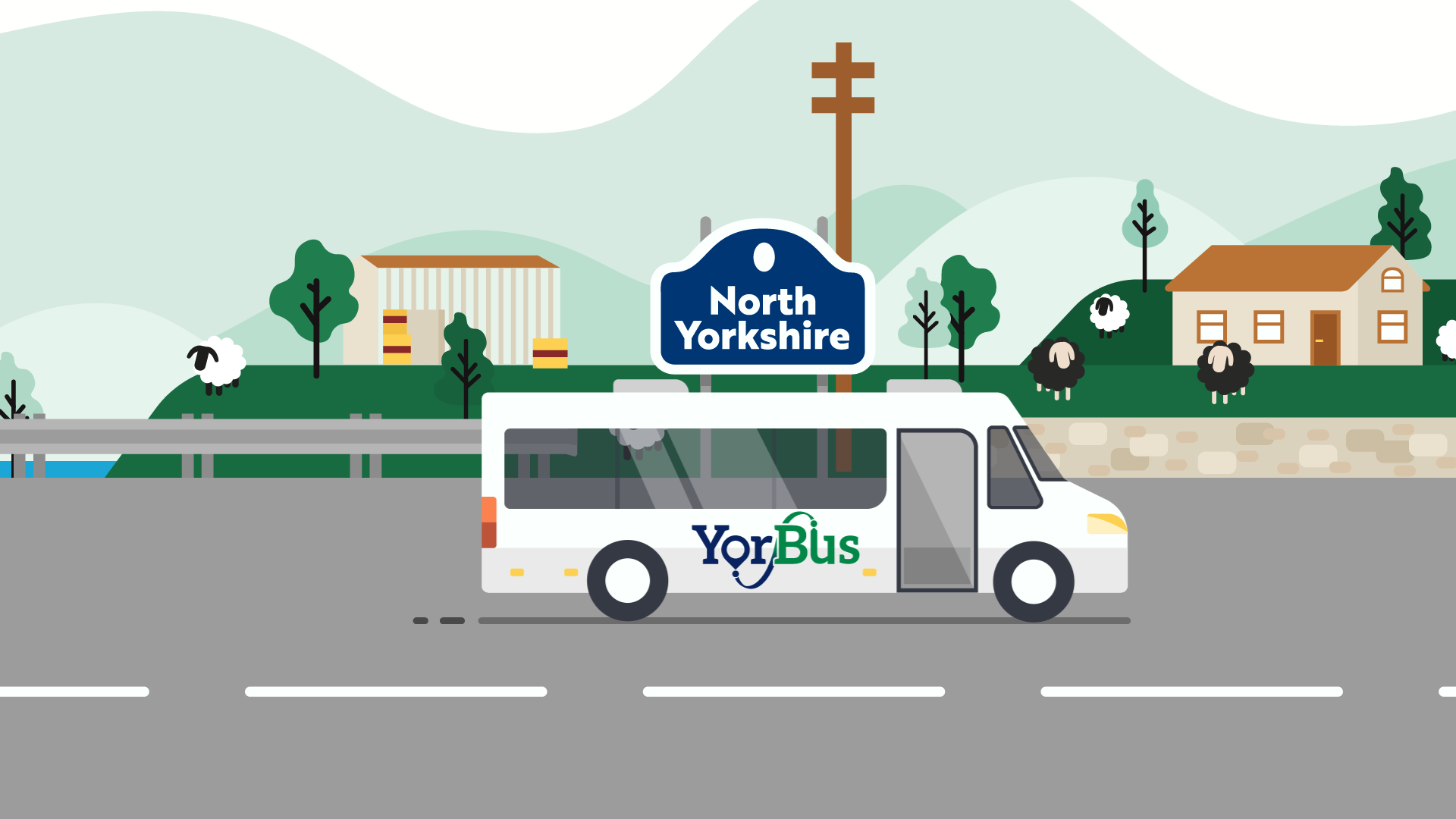 An image from the animation showing a YorBus bus driving in North Yorkshire