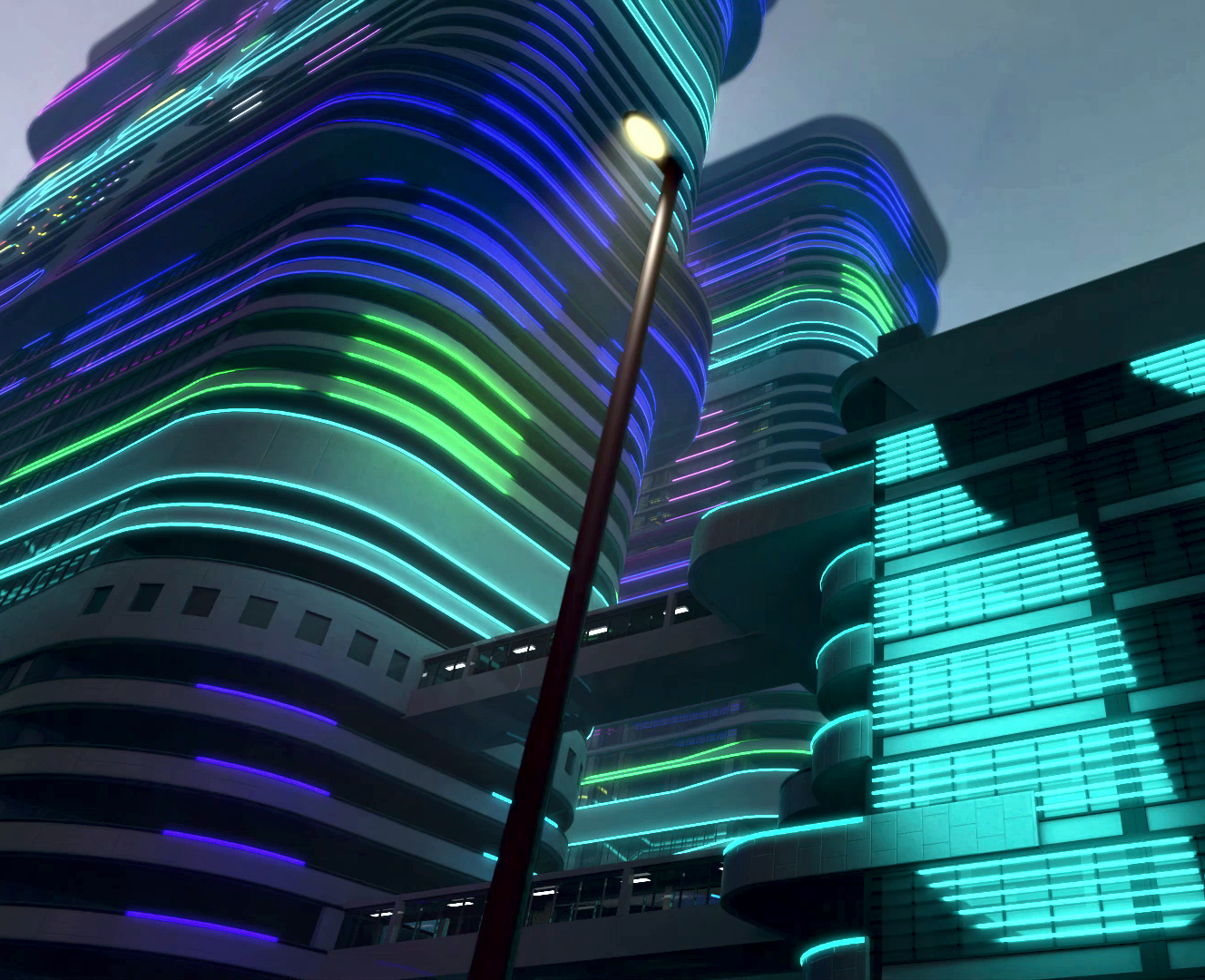 digitally created 3D concept image of a futuristic cityscape, using the Vista FLEX product from acdc Lighting - a still frame from the animated video