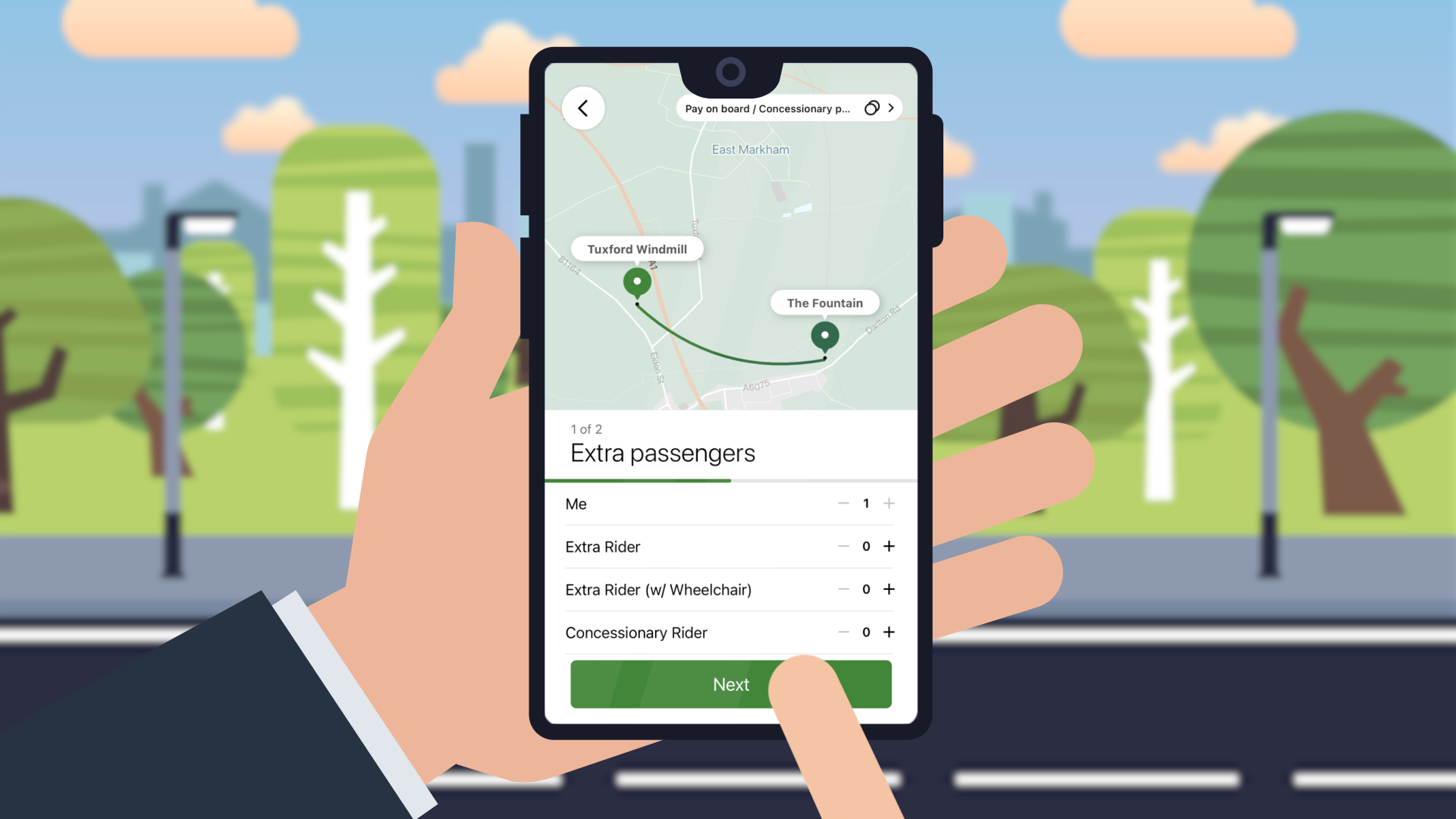 An image from the animation, showing the Nottsbus app running on a mobile device with trees in the background