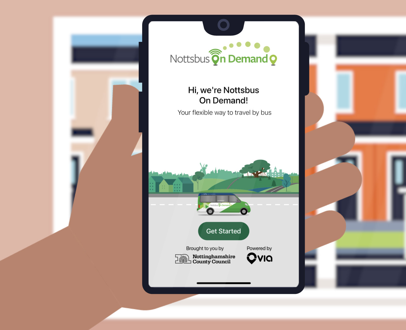 A thumbnail image of a cell phone with the on demand bus app on screen