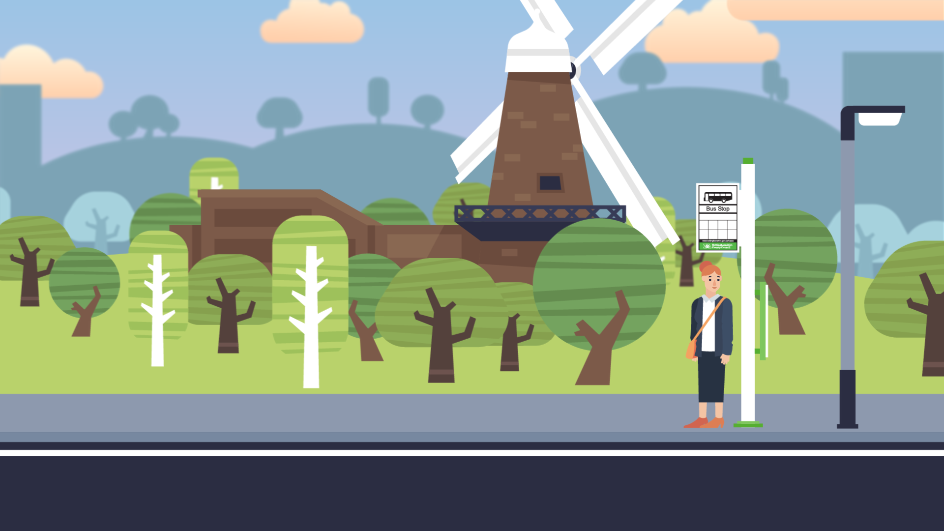 An illustration of a someone waiting at a bus stop with trees hills and a windmill behind them