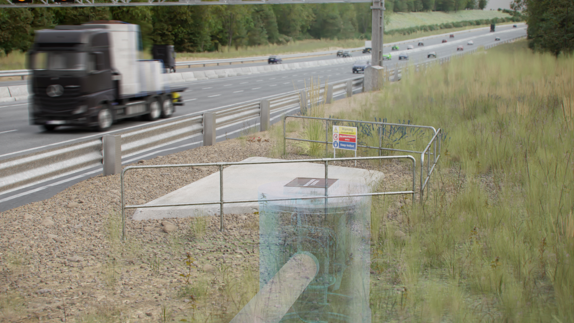A picture showing an underground flood defence system next to a motorway