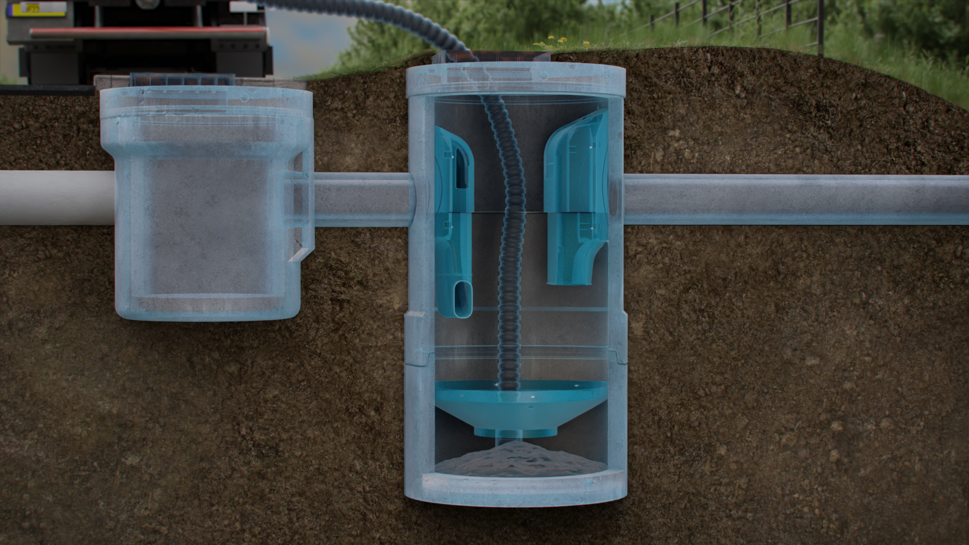 A technical image from an animation showing how a modular stormwater treatment solution being cleaned from street level