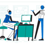 Slightly abstract character designs with elongated people talk at a desk