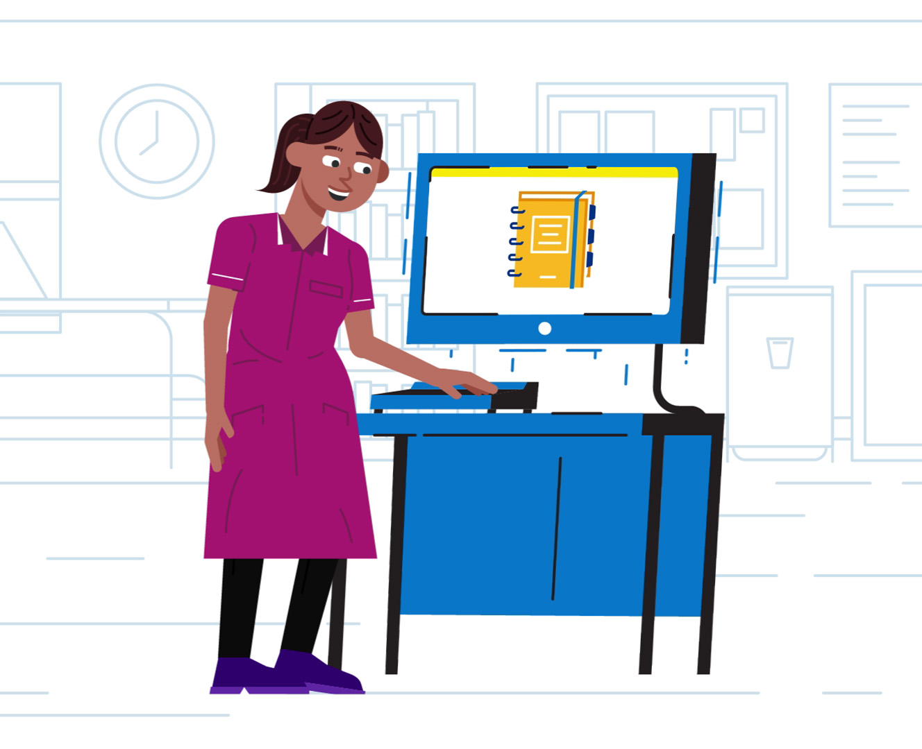 A vector illustration of a nurse using a computer to find medical information