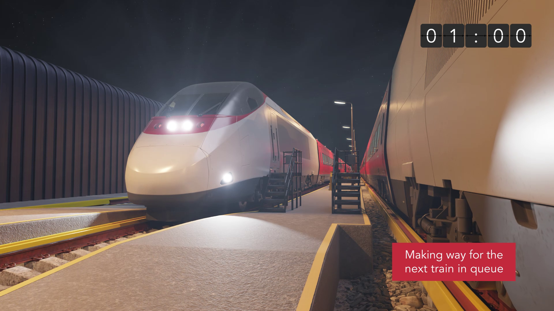 A train pulling up to a service platform at night