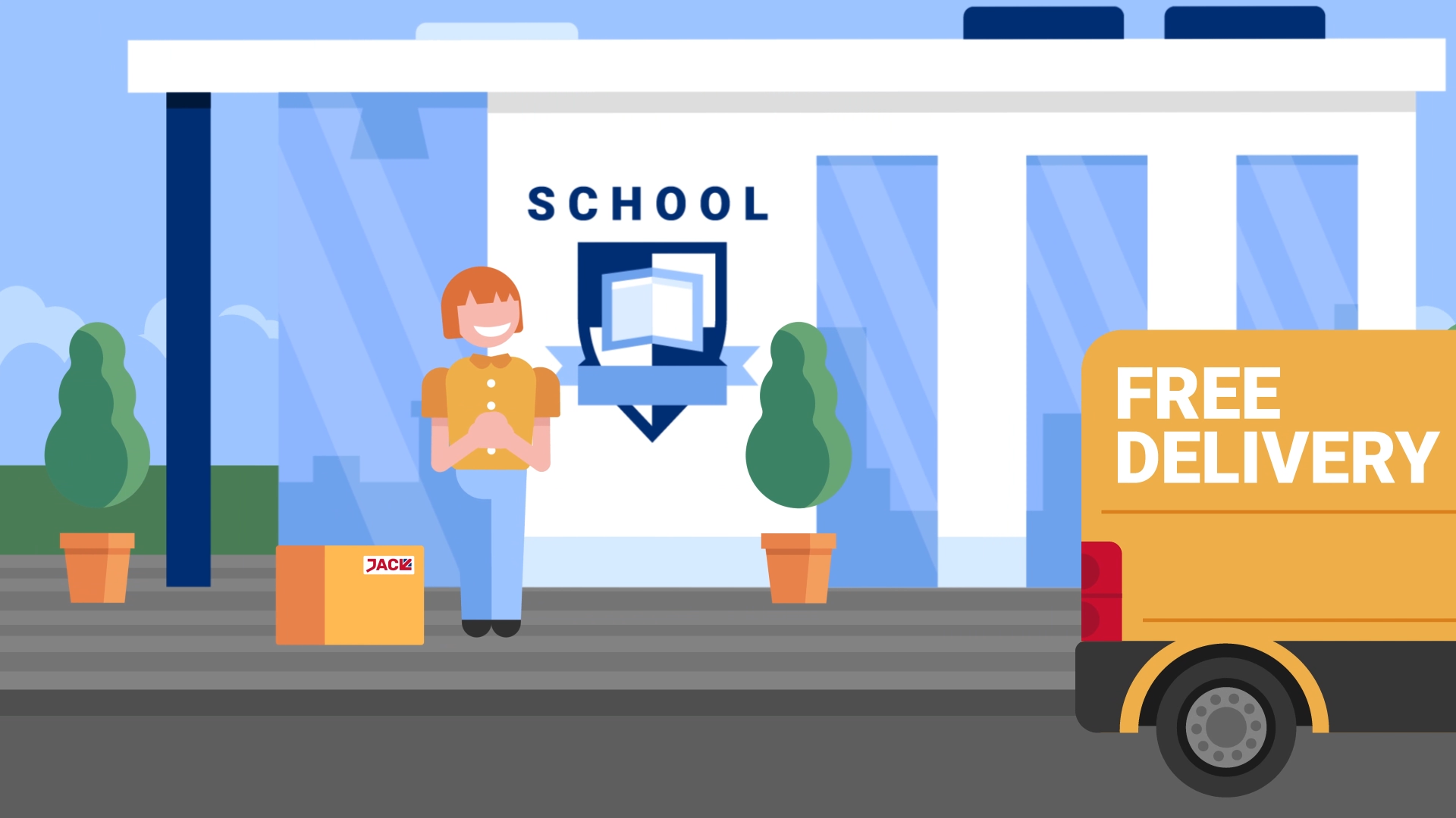 Vector illustration of a van delivering to a school