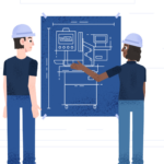 Two engineers discuss blueprints of a bread sealing machine