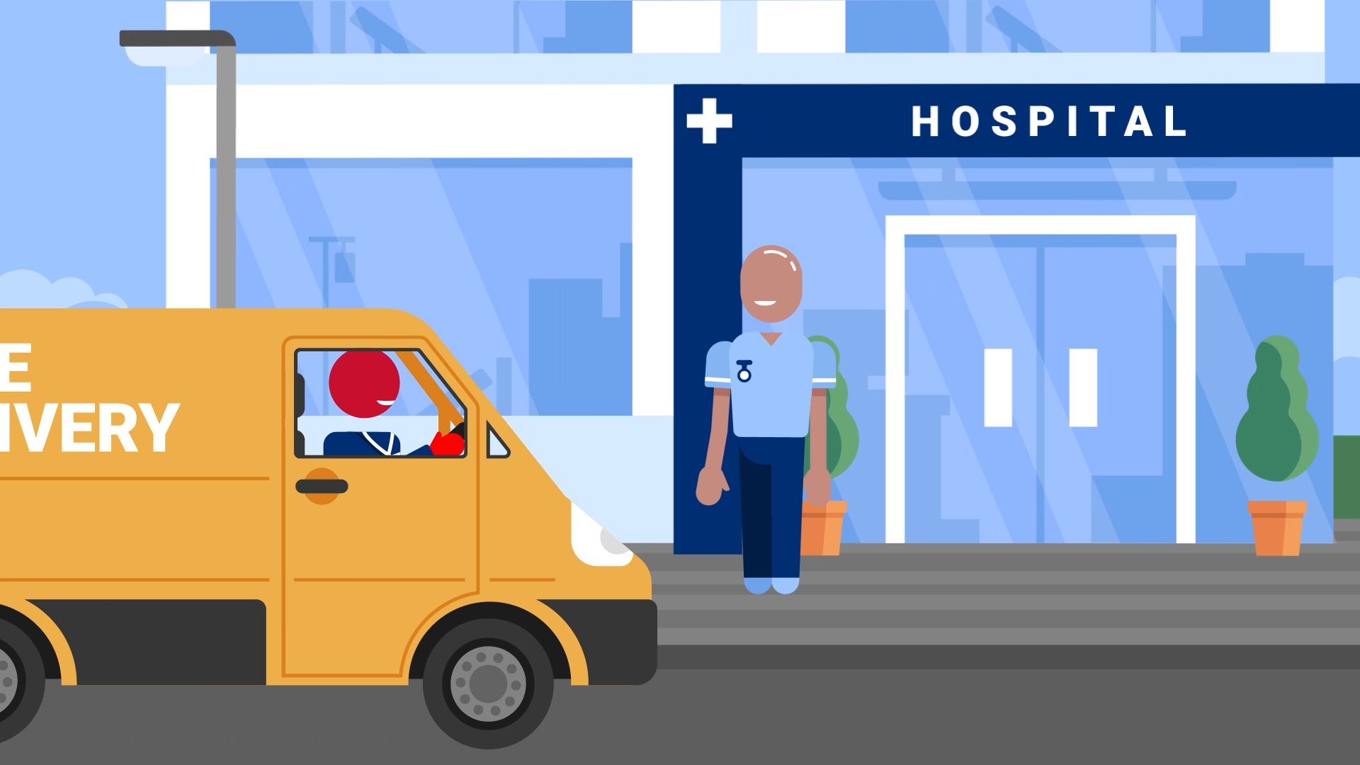 A cartoon image of a driver delivering a printer to a hospital