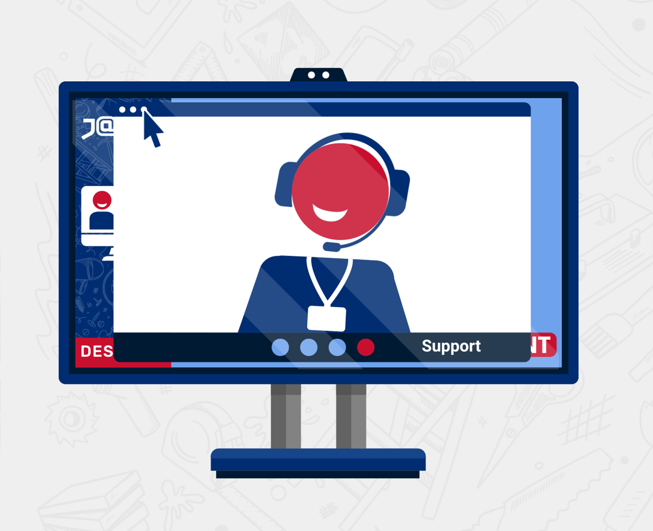 A vector illustration showing an online support agent on a computer screen
