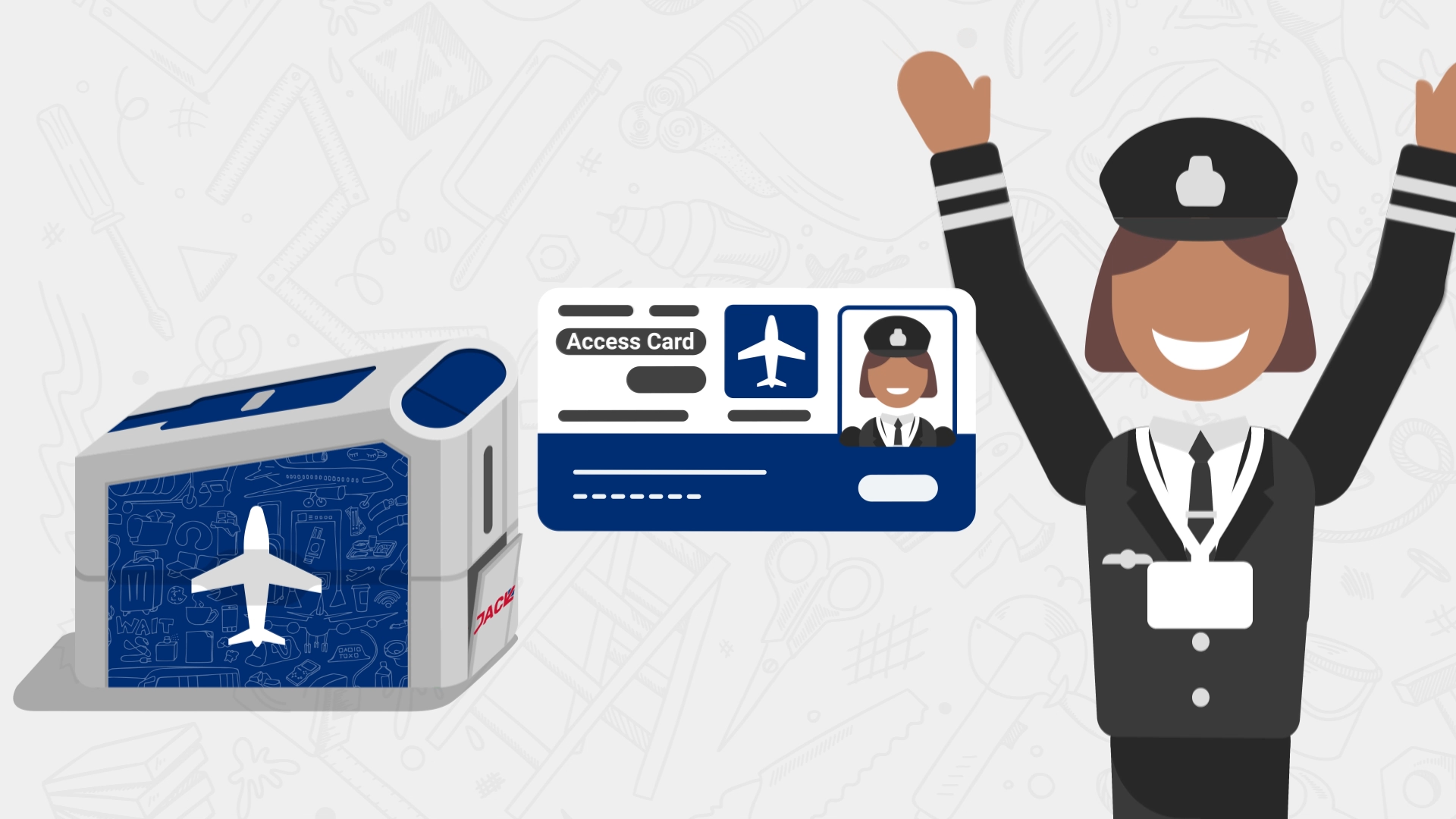 A lively illustration of a female airline pilot celebrating her new ID badge