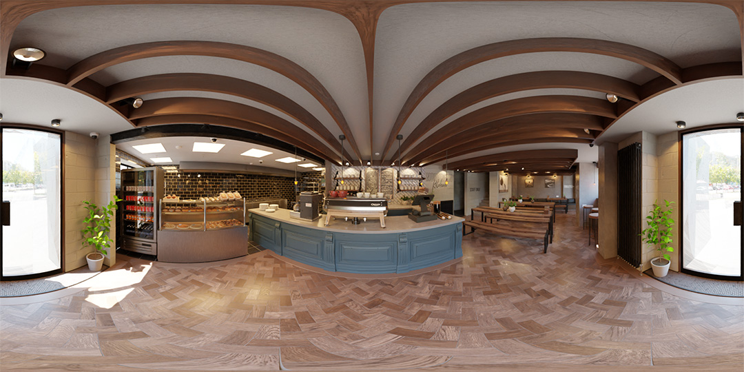 a spherical 360 CG image of a cafe and coffee shop