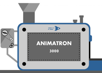 A cartoon picture of a fictional animation machine, the Animatron 3000