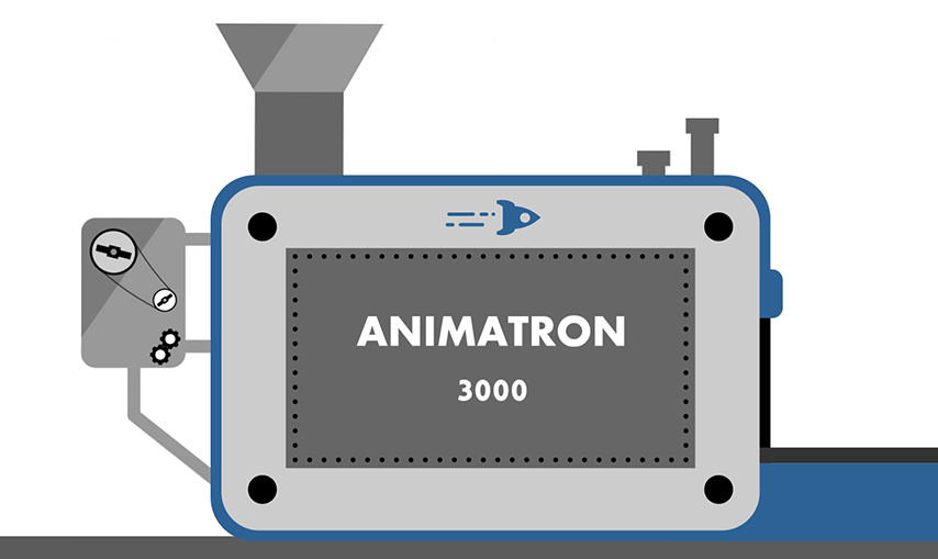 A cartoon picture of a fictional animation machine, the Animatron 3000