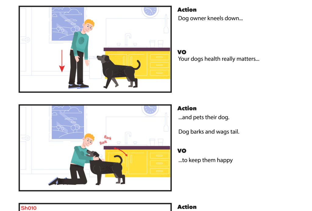 Two panels from a storyboard showing a dog owner and their dog.